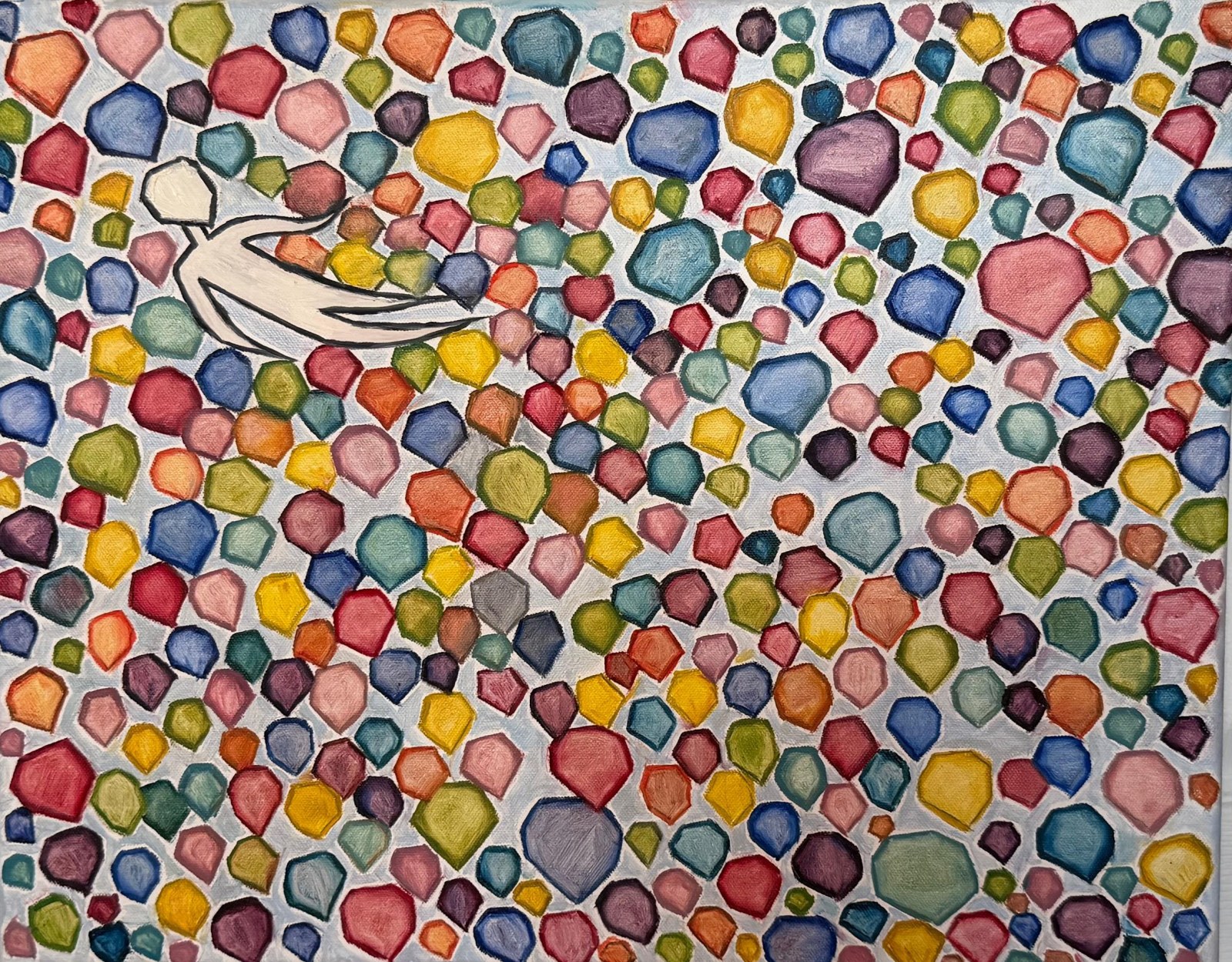 A pale figure drifting face-up across a sea of hundreds of small painted stones in rose, gold, teal and plum.