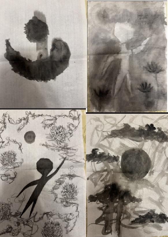 Four ink-wash studies on rice paper: a curled figure, a hazy silhouette, a dark sun, and a full moon in branches.