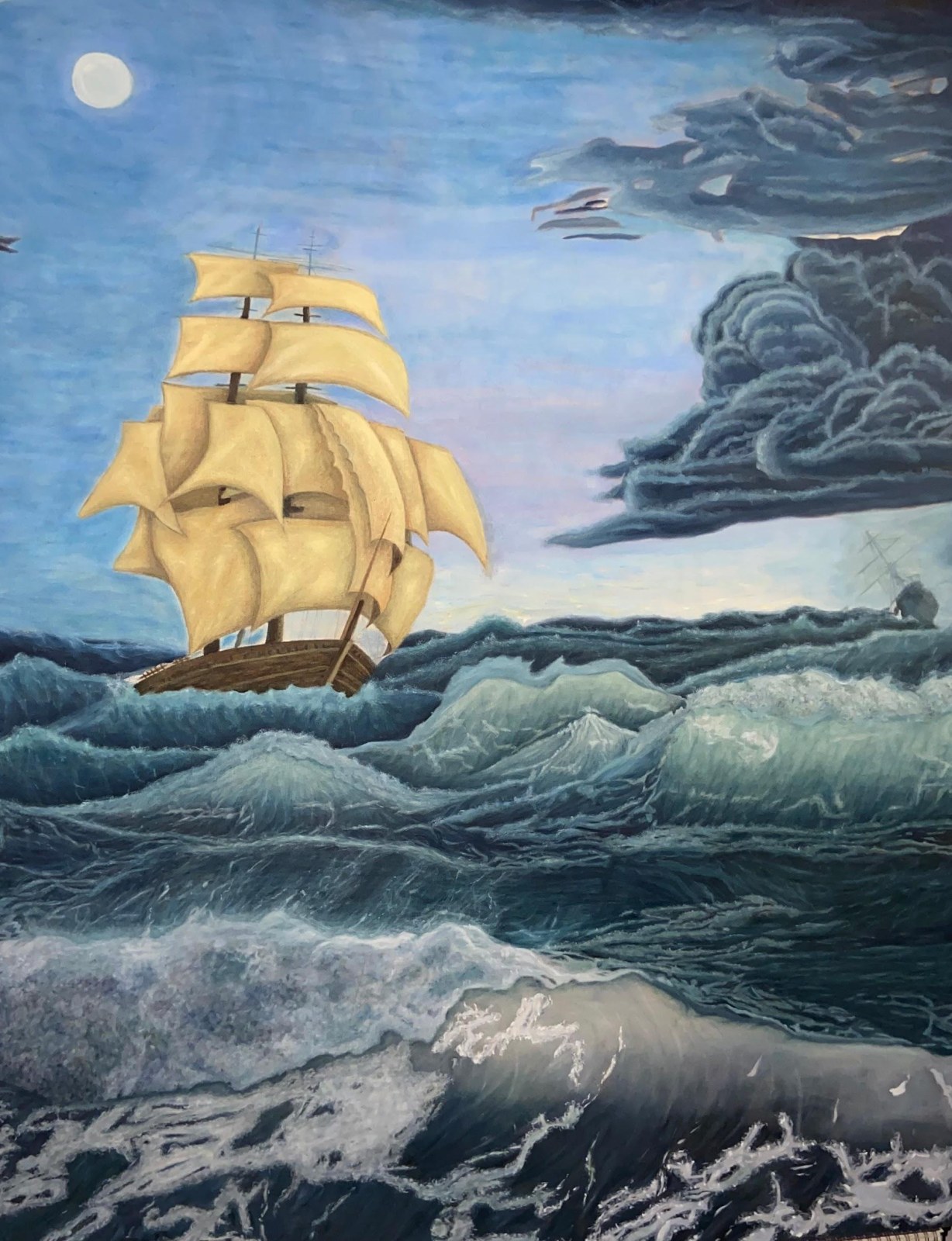 The Ship that Sailed — a tall ship on stormy moonlit water