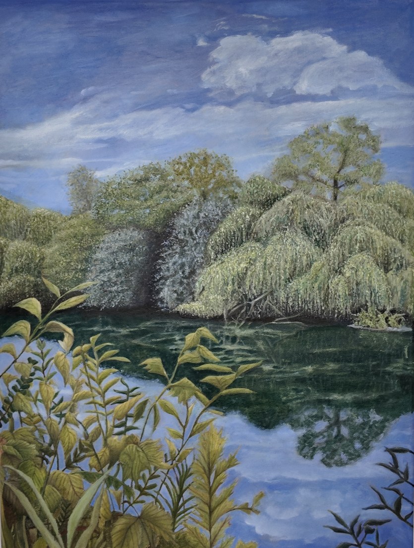 A quiet pond ringed by willows and wild grasses, the water holding a second sky of clouds in reflection.