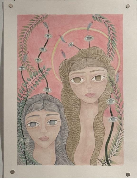Two long-haired women against rose pink, one haloed in gold, surrounded by vines that bloom with open eyes.